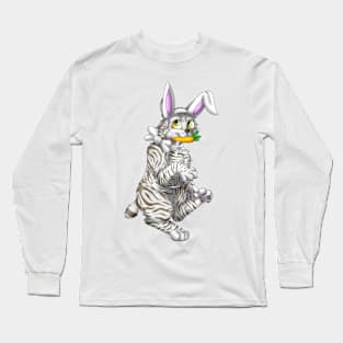 Bobtail BunnyCat: Silver-Amber Tabby (White) Long Sleeve T-Shirt